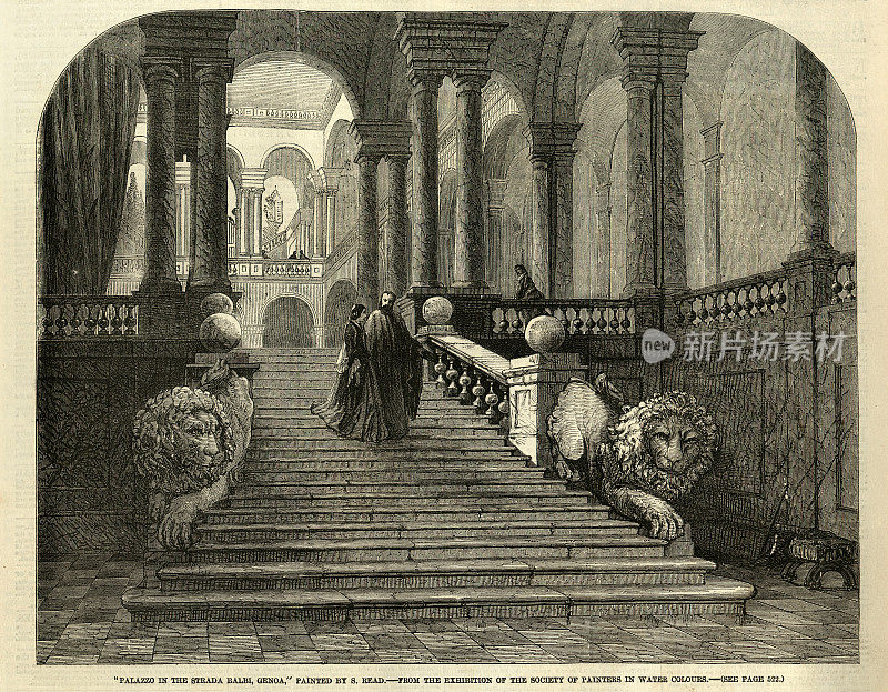 19世纪19世纪50年代，意大利热那亚巴尔比大街上的宫殿，根据S. Read的画作绘制